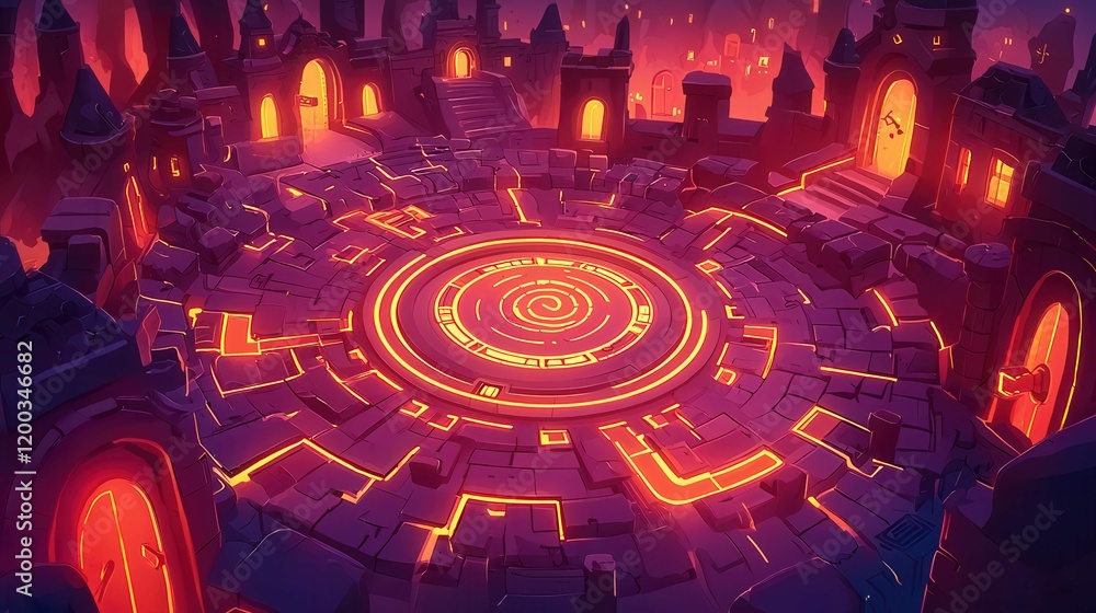 Poster a mystical arena with glowing patterns and dark castle structures set in a fantasy background.