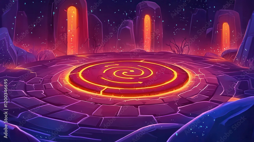Poster a mystical circular stone platform surrounded by glowing monoliths and starry background, creating a