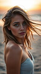 Naklejka premium Close-Up Portrait of a Woman with Natural Makeup and Windswept Hair by the Sea. Generative AI