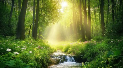 Fototapeta premium Sunlit Forest Stream: A Serene Nature Escape