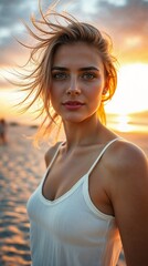 Naklejka premium Close-Up Portrait of a Woman with Natural Makeup and Windswept Hair by the Sea. Generative AI