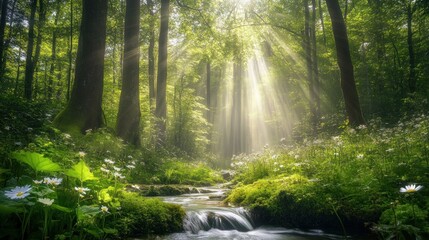 Fototapeta premium Sunbeams Illuminating a Serene Forest Stream