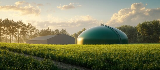 Green biogas digester dome in a field at sunset.