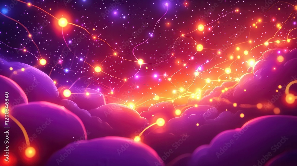 Aufkleber a colorful abstract representation of a cosmic space with glowing connections and clouds.