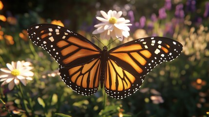 Fototapeta premium Monarch butterfly perched on a flower in a sunlit garden.