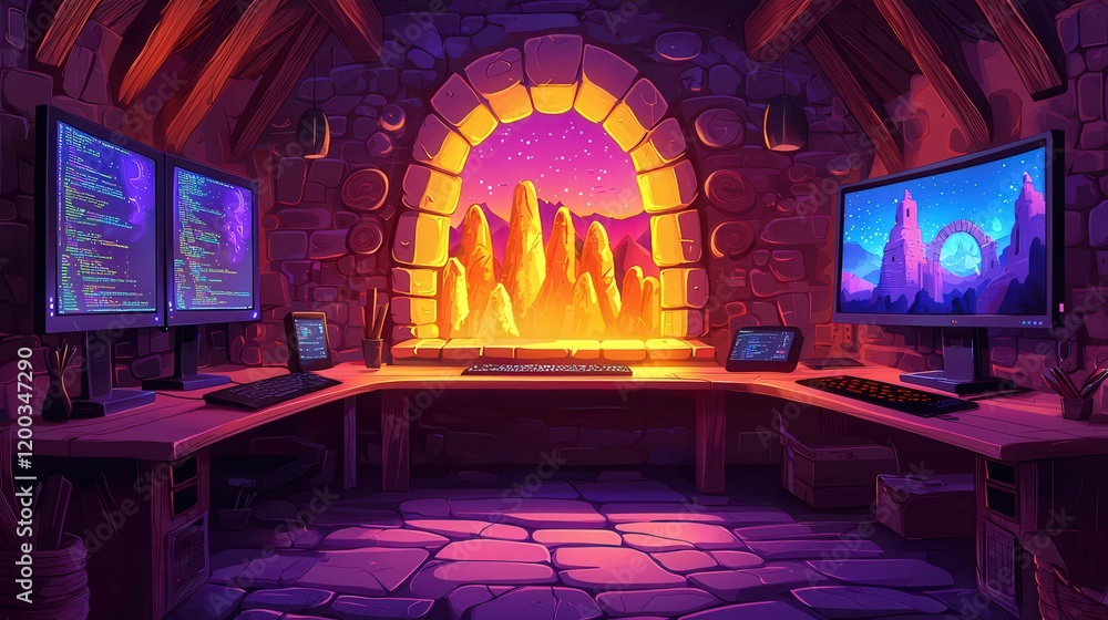 Poster a cozy workspace with coding screens and a scenic fantasy view of mountains at sunset.