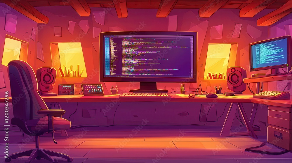Poster a vibrant 2d animation of a cozy programming workspace with colorful screens and warm lighting.