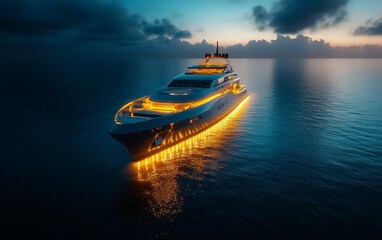 Fototapeta premium Luxury Yacht Illuminated on Open Waters at Sunrise Displaying Elegance and Serenity