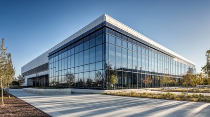 Obraz premium Modern glass office building with landscaped grounds.