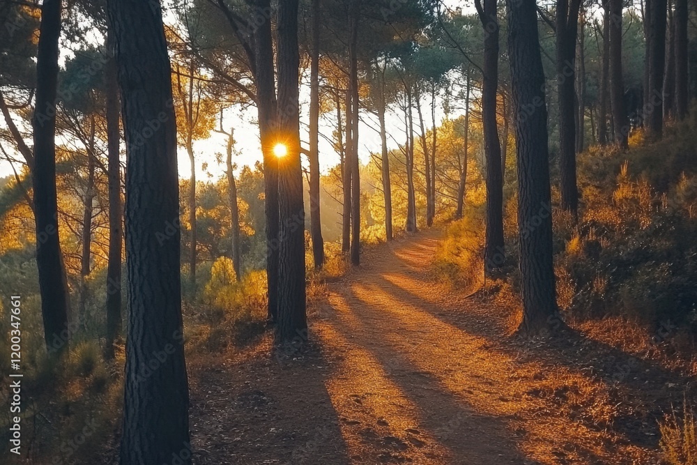 Poster beautiful autumn forest with tall trees and sunlight shining through the leaves forest landscape wit