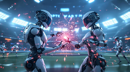 Humanoid AI Robots Playing Futuristic Sport in Glowing Stadium 