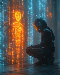 Futuristic Robot Interacting With a High-Tech Digital Interface in a Lab