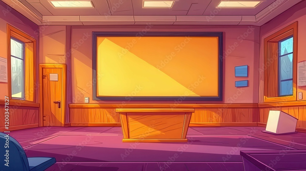 Poster an empty classroom with warm lighting and a large screen front, featuring wooden elements and a peac