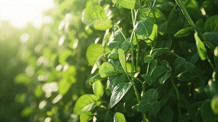 Obraz premium Lush green soybean plants illuminated by sunlight in a field.