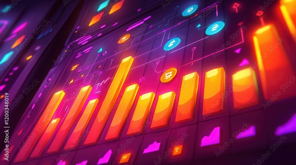 Poster colorful data visualization with bar graphs and icons illustrating statistics in a modern digital de