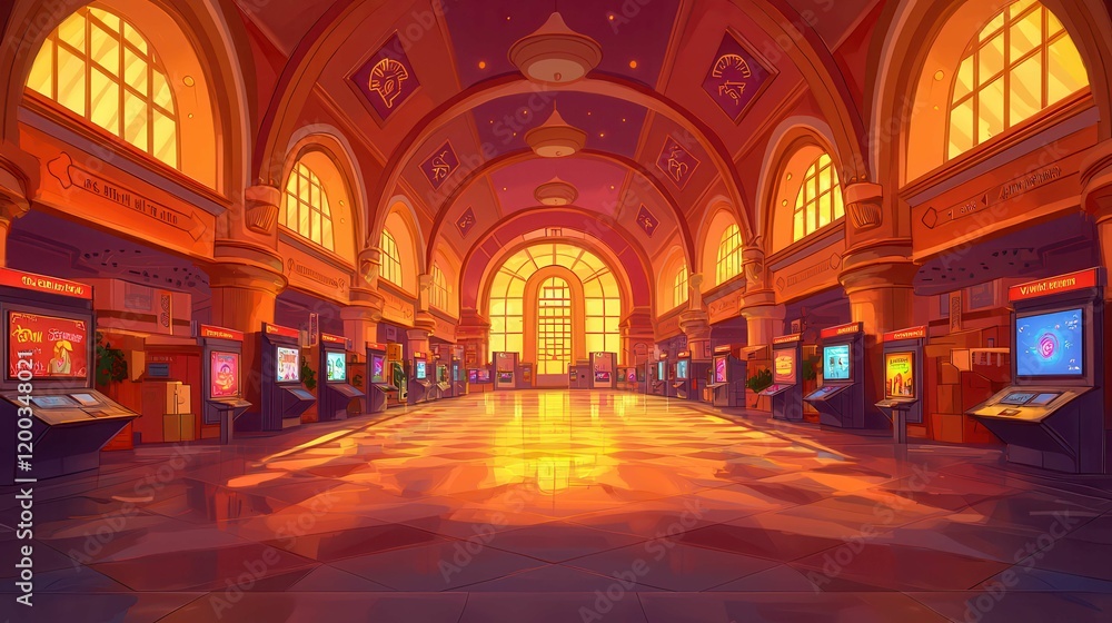 Poster a vibrant animated showcase of an art gallery with warm lighting and colorful displays in a spacious