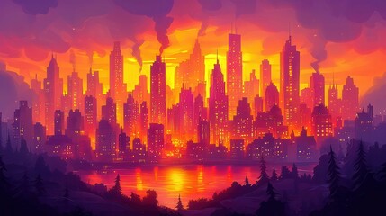 Fototapeta premium A vibrant sunset cityscape with skyscrapers silhouetted against an orange and purple sky.