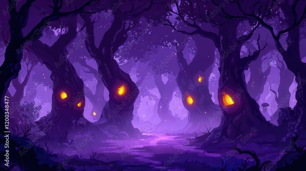 Poster a mystical forest with glowing trees and a purple hue creating an enchanting atmosphere.