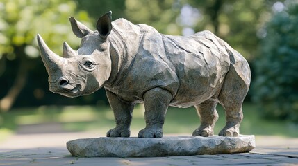 Fototapeta premium Stone rhino sculpture outdoors, detailed texture, standing on a rock.