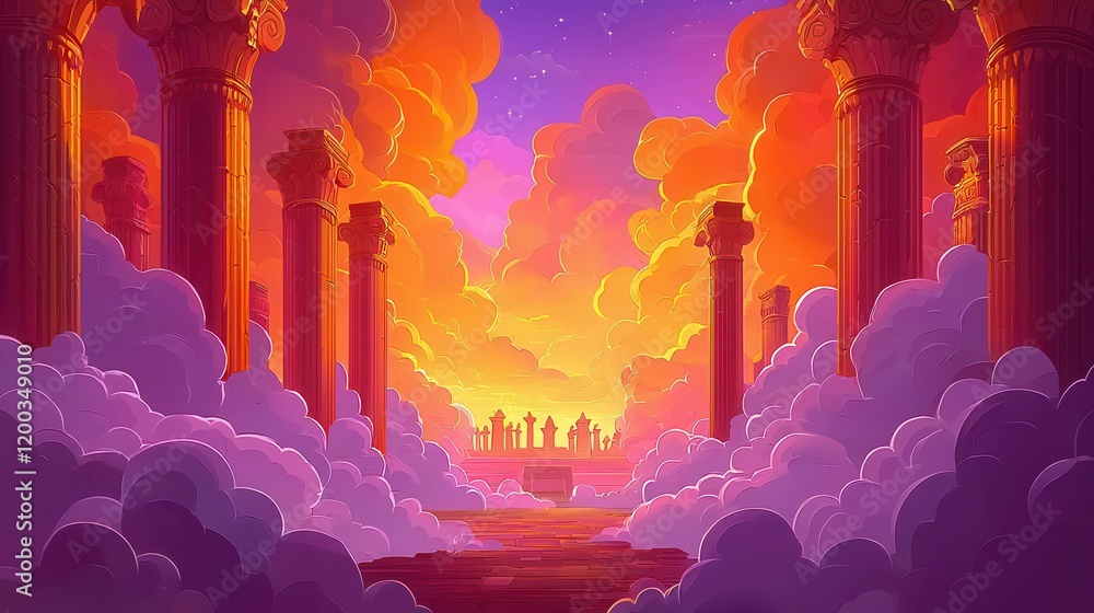 Poster a vibrant digital artwork featuring ancient columns with a sunset backdrop and clouds in various sha