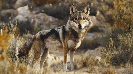Fototapeta premium Majestic wolf standing in a desert landscape at sunset.
