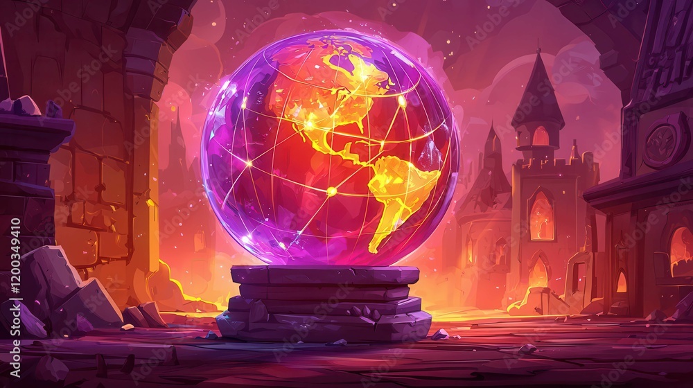 Poster a vibrant animated globe representing the americas in a fantasy setting with a magical atmosphere.