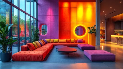 Modern Lounge With Vibrant Furniture and Geometric Artwork in Sunlit Interior