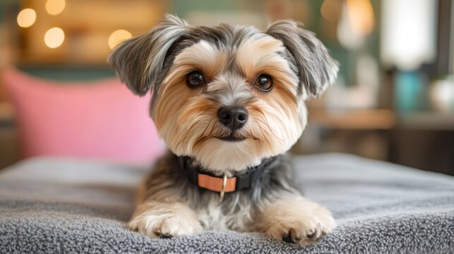 Adorable morkie puppy relaxing on soft blanket at home