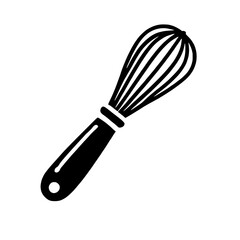 Whisk Icon: A simple, bold black silhouette of a kitchen whisk, perfect for culinary websites, apps, or recipe books.  The image is clean and minimalist. 
