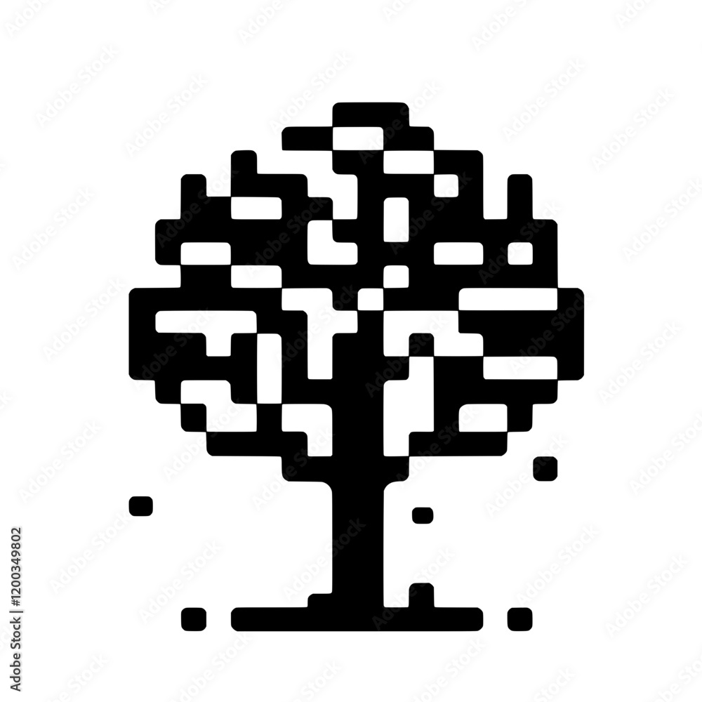Poster pixel tree icon: a minimalist pixel art icon depicting a simple tree, perfect for game design, app i