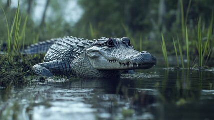 Obraz premium American alligator partially submerged in swamp water, gazing intently.