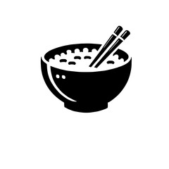 Simple Rice Bowl Icon: A minimalist black and white illustration of a bowl of rice with chopsticks, perfect for representing simple meals, Asian cuisine, or healthy eating. 