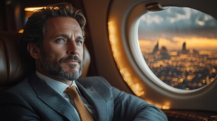 Professional Businessman Traveling in Luxurious Private Jet at Sunset