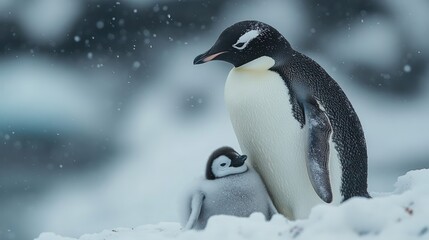 Obraz premium Emperor penguin chick sheltered by parent in Antarctica's snow. Wildlife conservation image