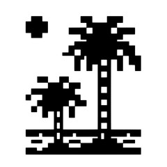 Fototapeta premium Pixelated Palm Trees: A retro-inspired pixel art illustration of two palm trees silhouetted against a setting sun, evoking nostalgia and a sense of carefree escape to a digital tropical paradise. 