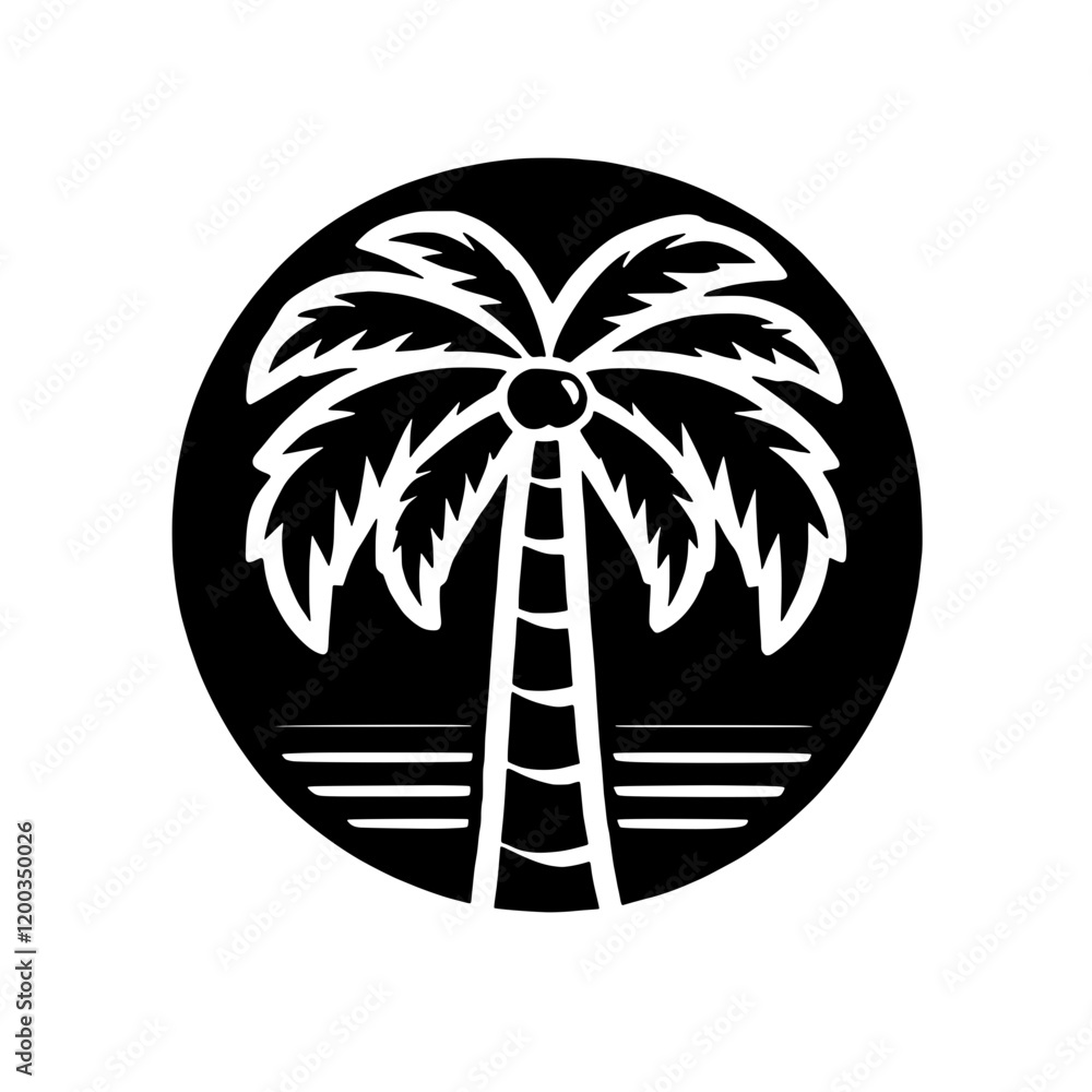 Poster palm tree icon: a stylized graphic illustration of a palm tree within a circular frame, evoking the 