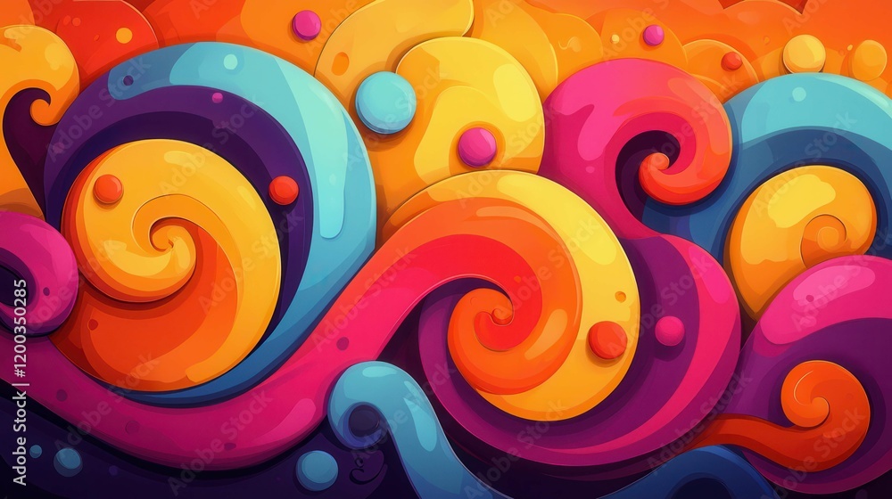 Poster colorful abstract swirls created with a vibrant palette, showcasing smooth curves and dynamic shapes