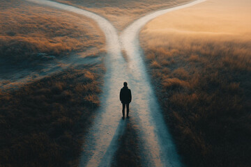 A lone figure stands at a crossroads, contemplating two diverging paths. A pivotal moment of        