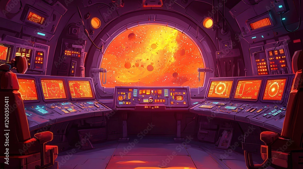 Poster futuristic control room with a cosmic view featuring vibrant colors and multiple screens displaying 