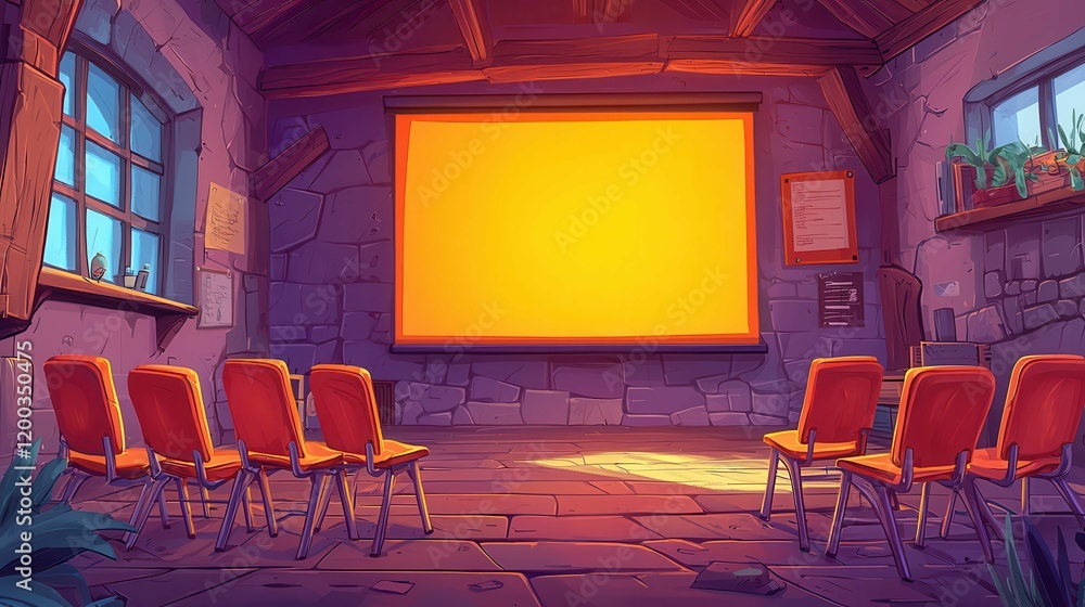 Poster an animated interior scene featuring empty chairs and a large projector screen with warm lighting.