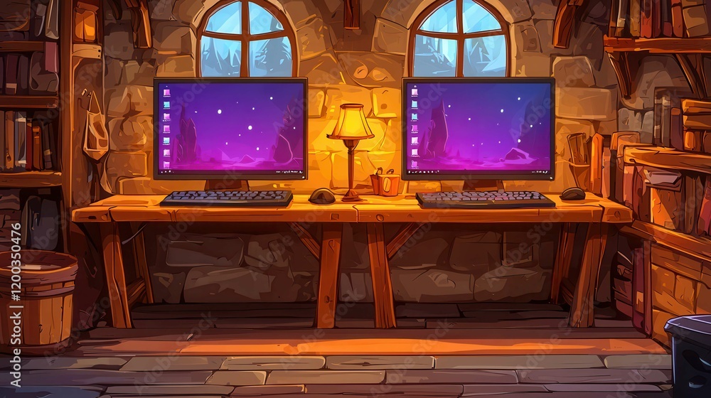 Poster cozy workspace with two computer monitors in a rustic room with a warm glow.