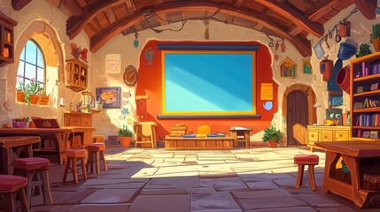 A cozy, colorful classroom with wooden furniture and a large window letting in light, featuring a blank screen on the wall.