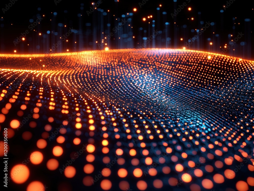 Poster abstract glowing particle wave surface. futuristic digital data flow. technology background. suitabl