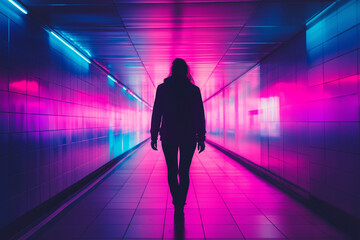 Cyberpunk City Wanderer: Neon Lights, Urban Exploration, Futuristic Night Stroll, Solitary Figure,  