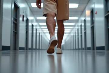 Obraz premium A man in shorts walks through a prison corridor, symbolizing the intersection of freedom and confinement, capturing the essence of human experience within challenging environments.