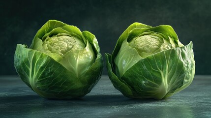Fototapeta premium Two fresh, green cabbages on a dark background.