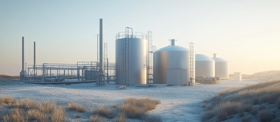 Obraz premium Industrial storage tanks in a desert landscape at sunrise.