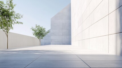Obraz premium Minimalist architecture, concrete buildings, trees, sunlight, urban scene, empty space, pathway, modern design, daylight.