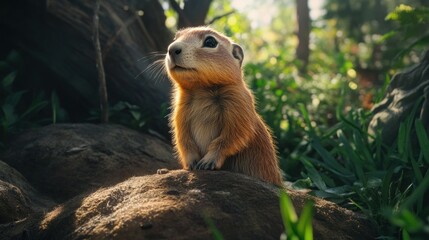 Fototapeta premium Cute ground squirrel sitting on a rock, looking up in a forest.