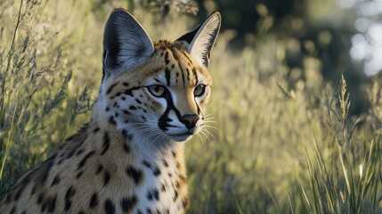 Fototapeta premium Serval cat portrait in tall grass at sunset.